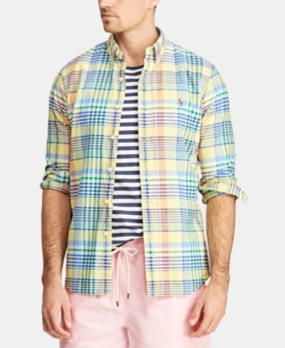 Shop Polo Ralph Lauren Men's Classic Fit Plaid Cotton Oxford Shirt In Yellow/navy Multi