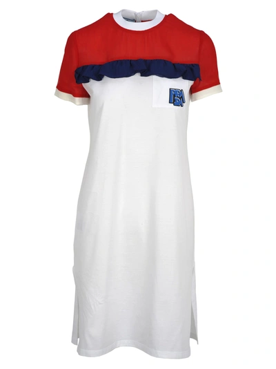 Shop Prada Ruffled Detail T-shirt Style Dress In White + Red + Ink