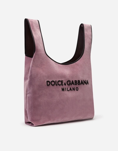 Shop Dolce & Gabbana Market Shopping Shoulder Bag In Velvet With Rubber Logo In Pink