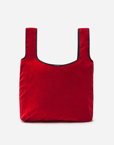 Shop Dolce & Gabbana Market Shopping Shoulder Bag In Velvet With Rubber Logo In Red