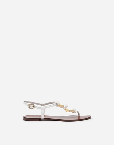 Shop Dolce & Gabbana Thong Sandals In Patent Leather And Raffia With Applications In White