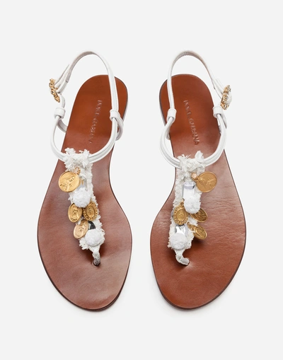 Shop Dolce & Gabbana Thong Sandals In Patent Leather And Raffia With Applications In White