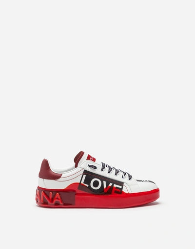 Shop Dolce & Gabbana Portofino Melt Sneakers In Printed Nappa Calfskin In White/red
