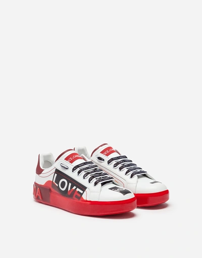 Shop Dolce & Gabbana Portofino Melt Sneakers In Printed Nappa Calfskin In White/red