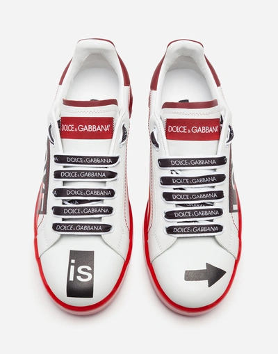 Shop Dolce & Gabbana Portofino Melt Sneakers In Printed Nappa Calfskin In White/red