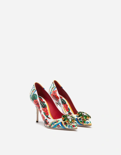 Shop Dolce & Gabbana Printed Patent Leather Pumps With Brooches In Flowers Print