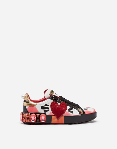 Shop Dolce & Gabbana Portofino Melt Sneakers In Nappa Calfskin In White/red