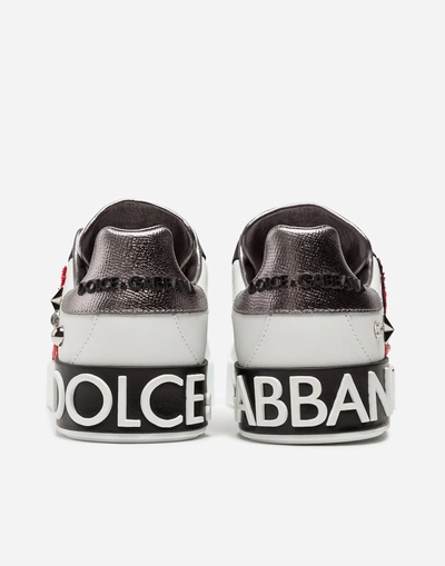Shop Dolce & Gabbana Portofino Sneakers In Printed Nappa Calfskin With Embroidery Patch And Applications In White