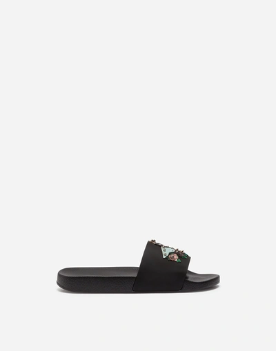 Shop Dolce & Gabbana Slippers In Rubber And Calfskin With Designers' Patches In Black