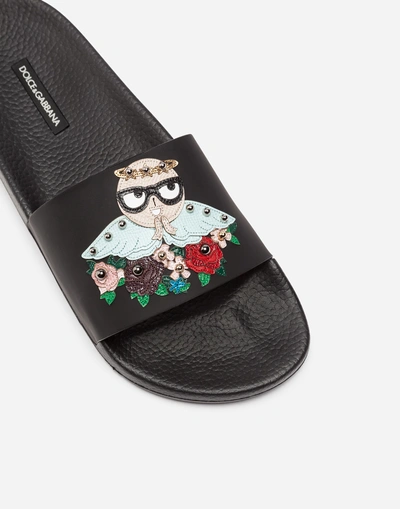 Shop Dolce & Gabbana Slippers In Rubber And Calfskin With Designers' Patches In Black