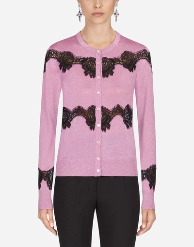 Shop Dolce & Gabbana Lurex Cardigan With Lace Intarsia In Pink