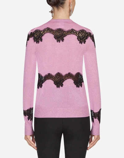 Shop Dolce & Gabbana Lurex Cardigan With Lace Intarsia In Pink