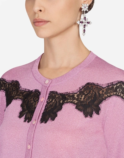 Shop Dolce & Gabbana Lurex Cardigan With Lace Intarsia In Pink