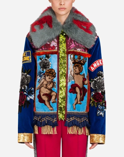 Shop Dolce & Gabbana Velvet Jacket With Patches In Multi-colored