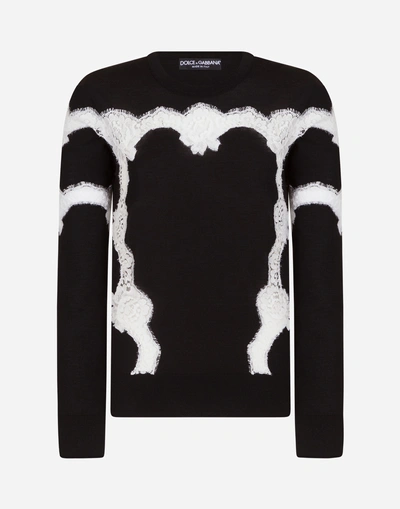 Shop Dolce & Gabbana Sweater In Wool And Cotton With Lace In Black