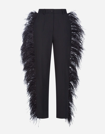 Shop Dolce & Gabbana Wool Pants With Feathers In Black