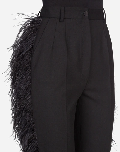 Shop Dolce & Gabbana Wool Pants With Feathers In Black