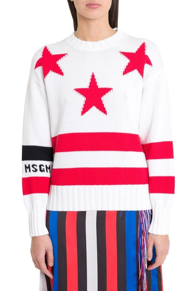 Shop Msgm Stars And Stripes Jacquard Sweater In Bianco