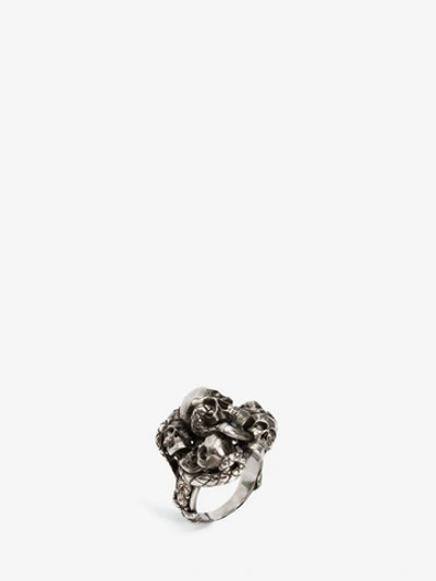 Shop Alexander Mcqueen Ring Multi Skull And Snake In Antique Silver