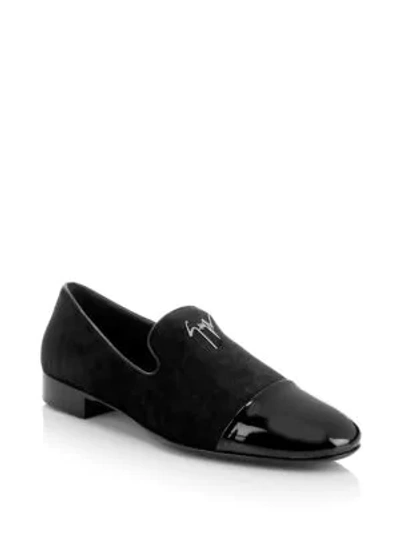 Shop Giuseppe Zanotti Men's Patent-toe Velvet Loafers In Black