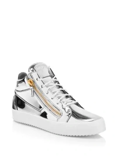 Shop Giuseppe Zanotti Mirrored Leather Mid-top Sneakers In Silver