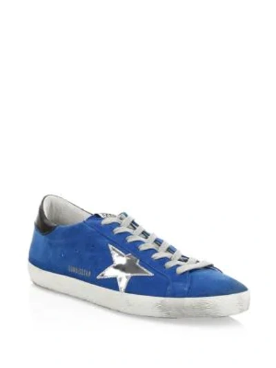 Shop Golden Goose Men's Electric Superstar Leather Sneakers In Blue Electric Silver
