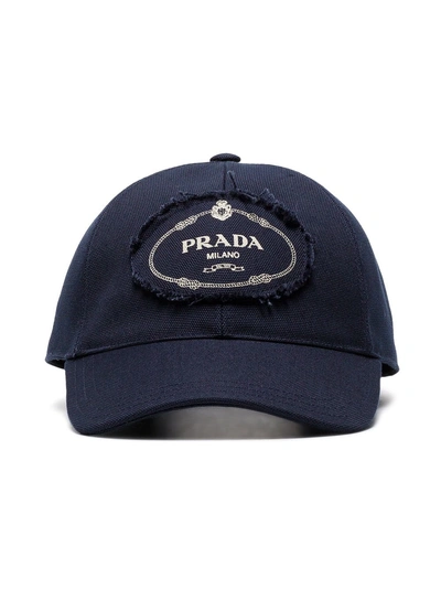 PRADA BLUE AND WHITE LOGO PRINT COTTON BASEBALL CAP - 蓝色