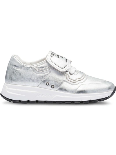 Shop Prada Leather Sneakers In Silver