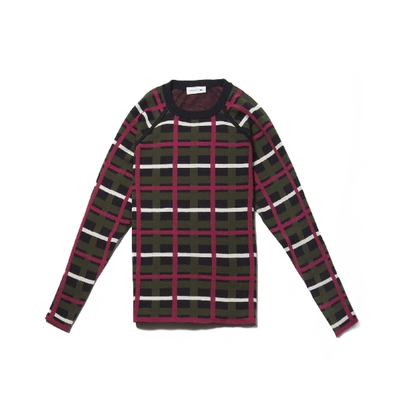 Shop Lacoste Women's Crew Neck Graphic Check Cotton And Wool Jacquard Sweater In Navy Blue / Khaki Green / Bordeaux / White