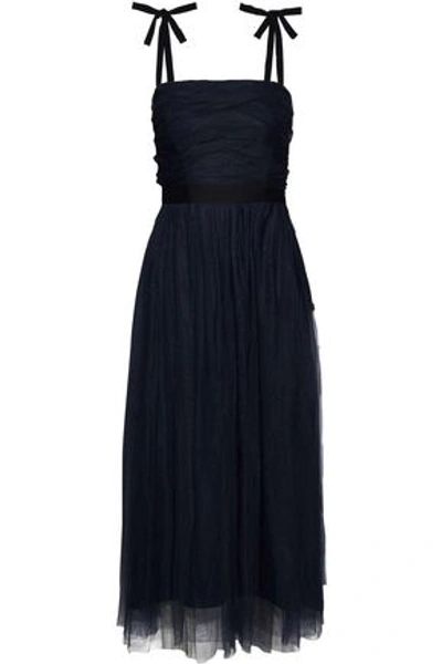 Shop Sandro Woman Bishop Satin-trimmed Ruched Tulle Midi Dress Navy