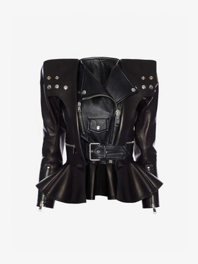 Shop Alexander Mcqueen Cropped Leather Peplum Biker Jacket In Black