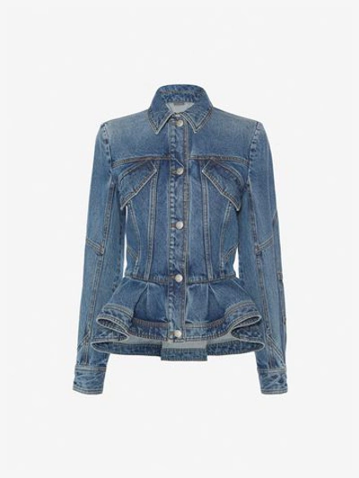 Shop Alexander Mcqueen Vintage Wash Denim Peplum Jacket In Denim Blue