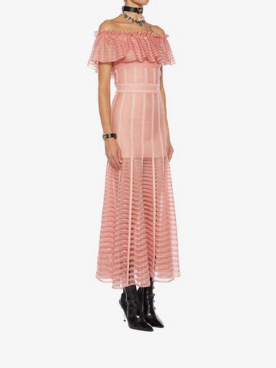 Shop Alexander Mcqueen Off-the-shoulder Midi Sheer Knit Dress In Anemone