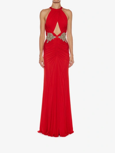 Shop Alexander Mcqueen Halterneck Embroidered Evening Dress In Lust Red