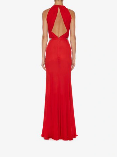 Shop Alexander Mcqueen Halterneck Embroidered Evening Dress In Lust Red