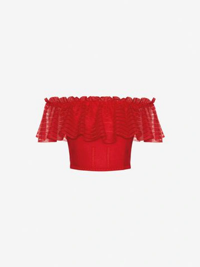 Shop Alexander Mcqueen Sheer Knit Ruffle Crop Top In Lust Red