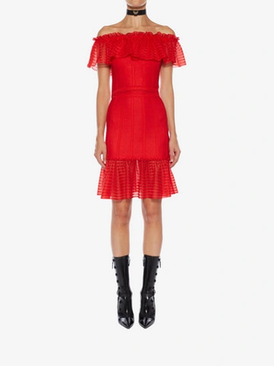 Shop Alexander Mcqueen Sheer Knit Ruffle Crop Top In Lust Red