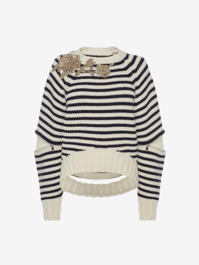 Shop Alexander Mcqueen Slash Sleeve Knitted Sweater In Ivory/navy