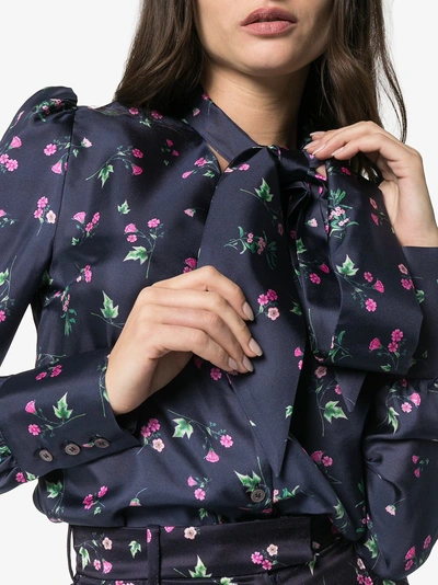 Shop Racil Agata High Neck Kitty Bow Floral Print Silk Blouse In 058 Petite Fleur Indigo