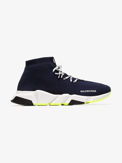 Balenciaga Speed Knit Lace-up Mid-top Trainers In Navy | ModeSens