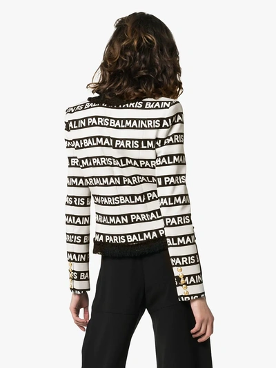 Shop Balmain Stripe Print Button Down Jacket In White