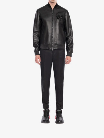 Shop Alexander Mcqueen Skull Leather Bomber Jacket In Black/red