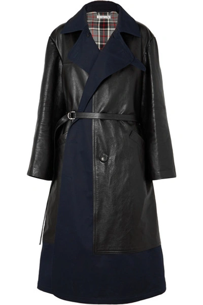 Shop Balenciaga Paneled Leather And Cotton-blend Gabardine Coat In Black