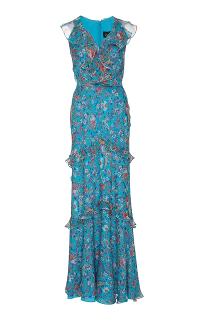 Shop Saloni Rita Tiered Floral-print Crinkle Georgette Maxi Dress In Blue