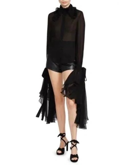 Shop Saint Laurent Exaggerated Cuff Silk Blouse In Black