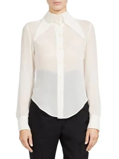 Shop Saint Laurent Oversized Collar Sheer Silk Button-down Blouse In White