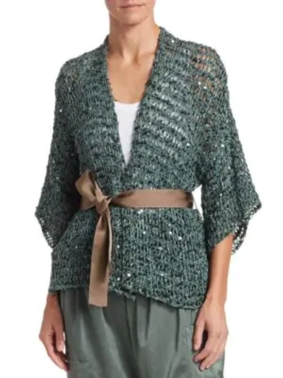 Shop Brunello Cucinelli Paillette Knit Cardigan With Grosgrain Belt In Manila Green