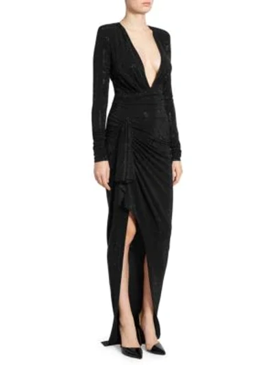 Shop Alexandre Vauthier Long Sleeve Stretch Jersey Embroidered Gown In Black