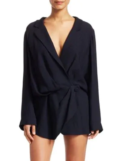 Shop Jacquemus Long Sleeve Plunge Front Wrap Romper In Navy