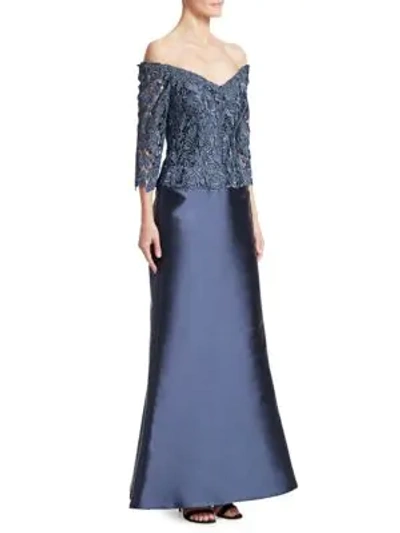 Shop Helen Morley Off-the-shoulder Lace Bodice Gown In Smoky Blue